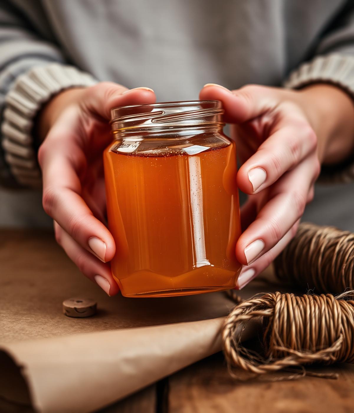 Hands holding a jar of golden honey